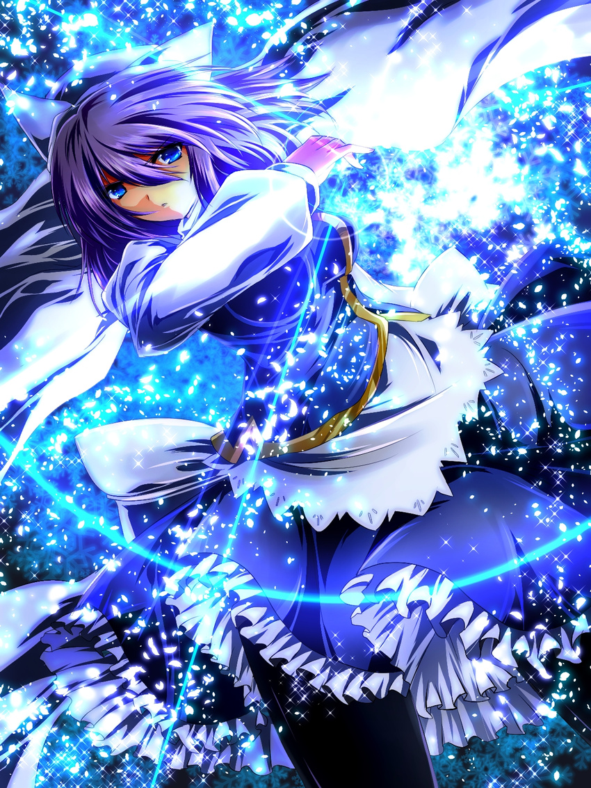 blue_eyes glowing hat highres juliet_sleeves letty_whiterock light_particles long_sleeves looking_at_viewer nekominase puffy_sleeves purple_hair scarf serious shirt skirt solo touhou vest