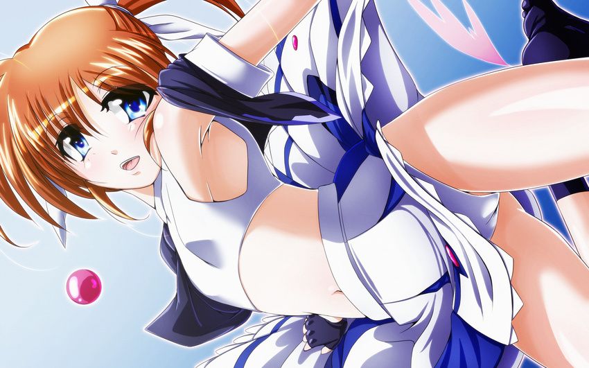 alternate_costume blue_eyes breasts cameltoe fingerless_gloves gloves highres jacket long_hair lyrical_nanoha midriff navel open_mouth orange_hair panties raising_heart small_breasts solo takamachi_nanoha tappa_(esperanza) underwear