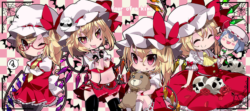 4girls :d \m/ adapted_costume alternate_costume ascot asymmetrical_hair asymmetrical_wings bat_wings bespectacled black_legwear blonde_hair blush bubble_skirt chibi closed_eyes crossed_arms double_\m/ fingerless_gloves flandre_scarlet four_of_a_kind_(touhou) glasses gloves hair_ornament hat kayama_benio long_sleeves looking_at_viewer looking_away low_wings midriff miniskirt mob_cap multiple_girls multiple_persona navel necktie object_hug open_mouth puffy_long_sleeves puffy_short_sleeves puffy_sleeves red_eyes remilia_scarlet short_hair short_sleeves side_ponytail side_slit sitting skirt skull_hair_ornament smile symbol-shaped_pupils thighhighs tongue tongue_out touhou variations wings wrist_cuffs yukkuri_shiteitte_ne