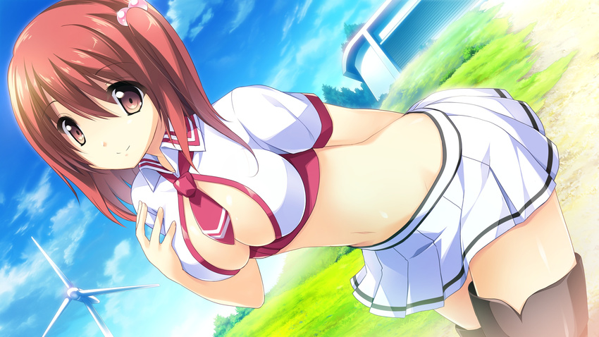 1girl absurdres breasts cleavage game_cg grass highres himega_ageha kono_oozora_ni_tsubasa_wo_hirogete large_breasts legs looking_at_viewer midriff navel necktie red_eyes red_hair short_hair skirt smile solo standing thighs twintails yashima_takahiro