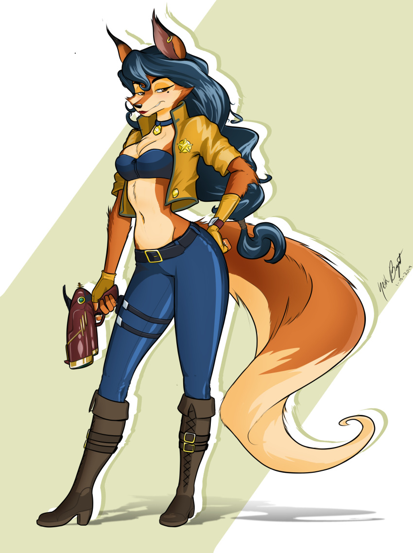 absurd_res anthro badge belt blue_hair boots breasts brown_fur buckle canine carmelita_fox clothed clothing female footwear fox fur gun hair half-closed_eyes hi_res lipstick long_hair makeup mammal piercing ranged_weapon sly_cooper_(series) solo source_request unknown_artist video_games weapon