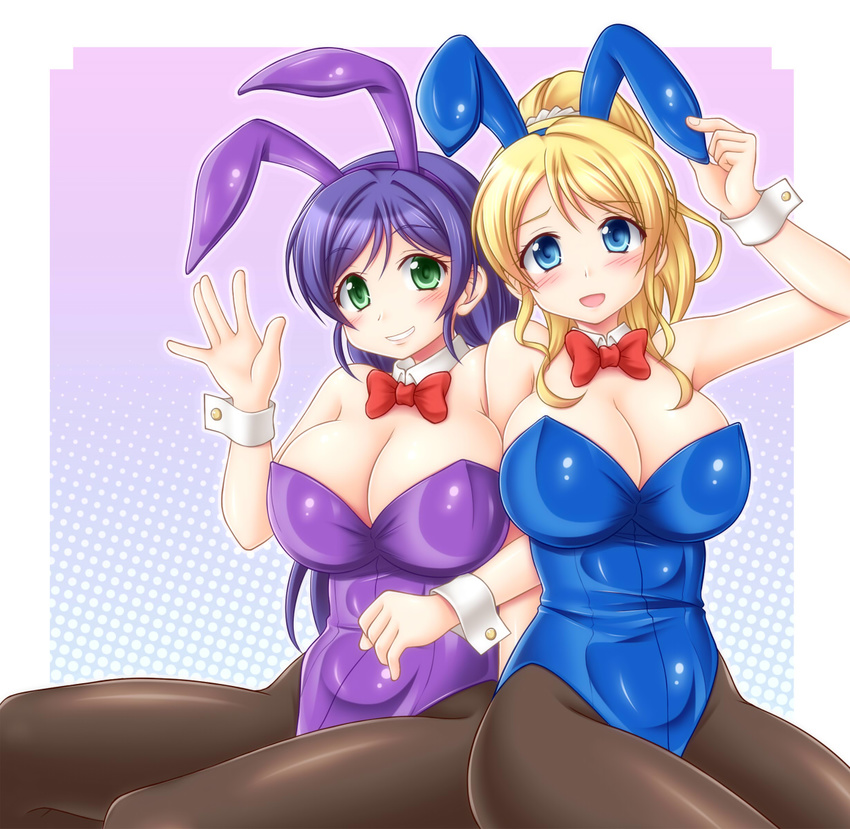 animal_ears ayase_eli blonde_hair blue_eyes bow bowtie bunny_ears bunnysuit detached_collar green_eyes highres long_hair love_live! love_live!_school_idol_project multiple_girls pantyhose ponytail purple_hair toujou_nozomi twintails utomo waving wrist_cuffs