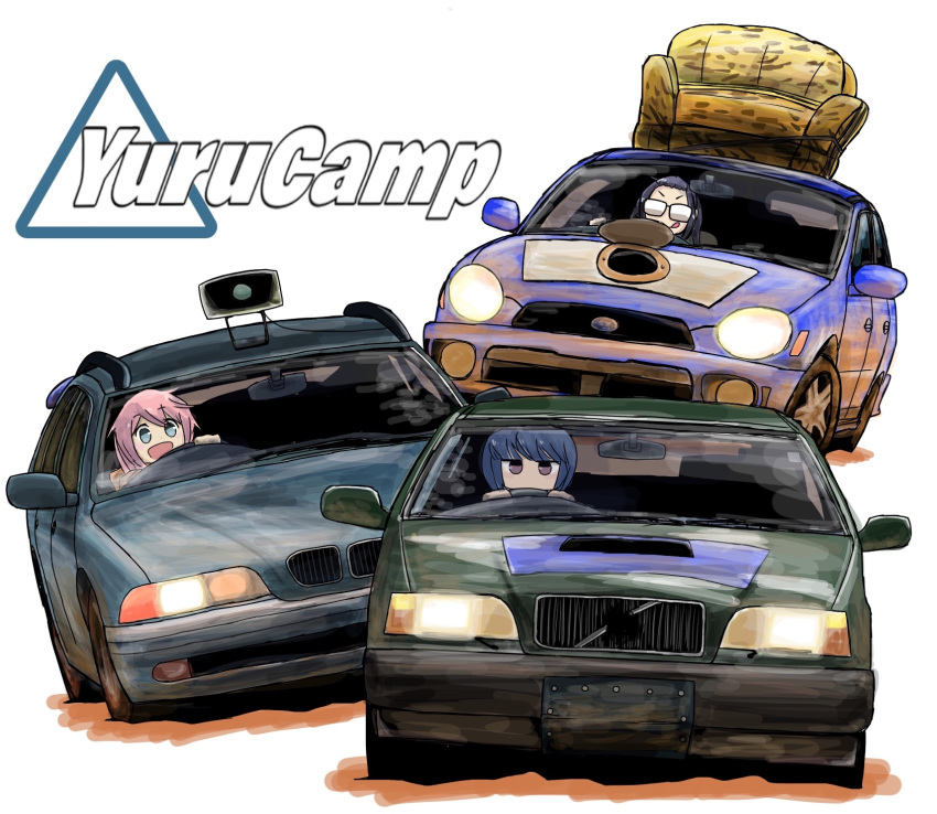 3girls :d armchair blue_hair bmw car chair glasses ground_vehicle highres kagamihara_nadeshiko loudspeaker miraruto_(h3yja) motor_vehicle multiple_girls oogaki_chiaki open_mouth parody pink_hair shima_rin smile steering_wheel subaru_impreza toilet_seat top_gear volvo yurucamp