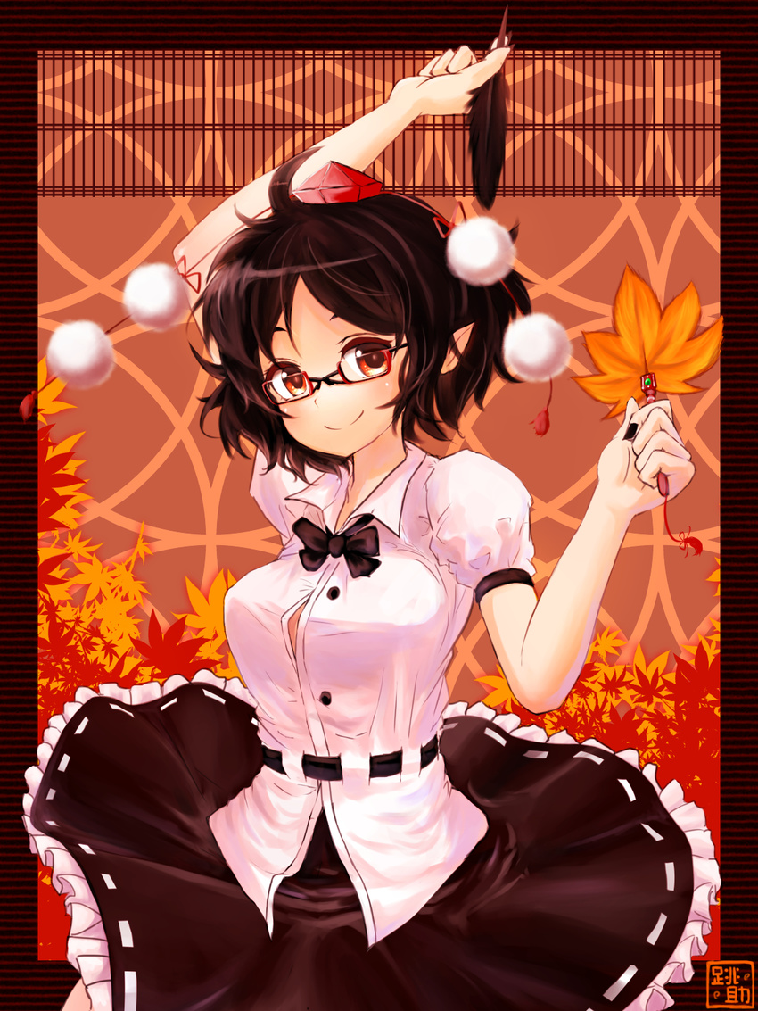autumn_leaves bad_id bad_pixiv_id belt bespectacled black_hair breasts fan feathers frame glasses hat hat_ribbon hauchiwa highres large_breasts looking_at_viewer pointy_ears puffy_short_sleeves puffy_sleeves pyonsuke_(pyon2_mfg) red_eyes ribbon shameimaru_aya shirt short_sleeves skirt smile solo tokin_hat touhou