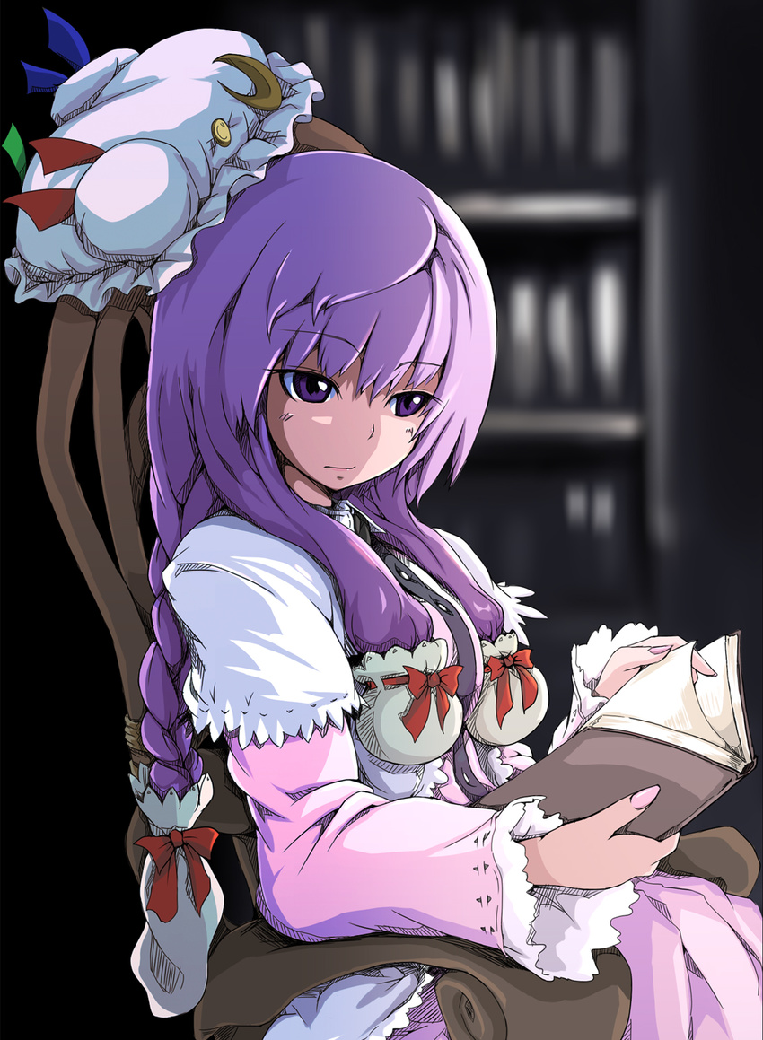 alternate_hairstyle blurry book bookshelf braid capelet chair depth_of_field dress hat hat_removed hayate-s headwear_removed highres holding long_hair long_sleeves mob_cap nail_polish patchouli_knowledge purple_dress purple_eyes purple_hair reading solo touhou twin_braids