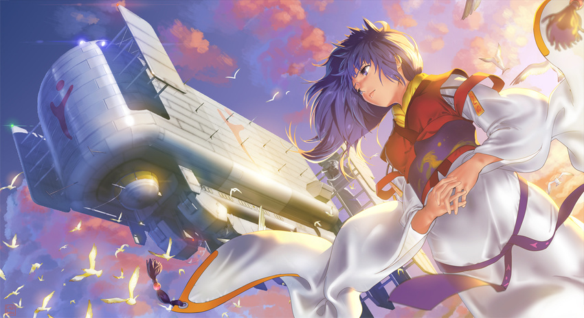 arc_the_lad bird cojibou kukuru_(arc_the_lad) long_hair long_sleeves purple_eyes purple_hair ship silver_noah sky solo watercraft wind