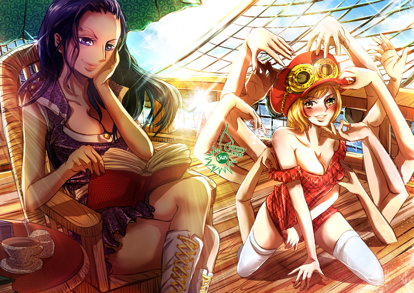 artist_name assisted_exposure bare_shoulders black_hair blonde_hair blush book breast_grab breasts chair cherry_in_the_sun cleavage cup extra_arms goggles goggles_on_headwear grabbing hand_on_another's_chin hand_on_another's_hat hand_on_own_cheek kneeling koala_(one_piece) large_breasts long_hair multiple_girls multitasking nico_robin one_piece parasol purple_eyes reading ship sitting skirt skirt_tug sleeveless smile sunlight table teacup thighhighs umbrella watercraft yellow_eyes yuri