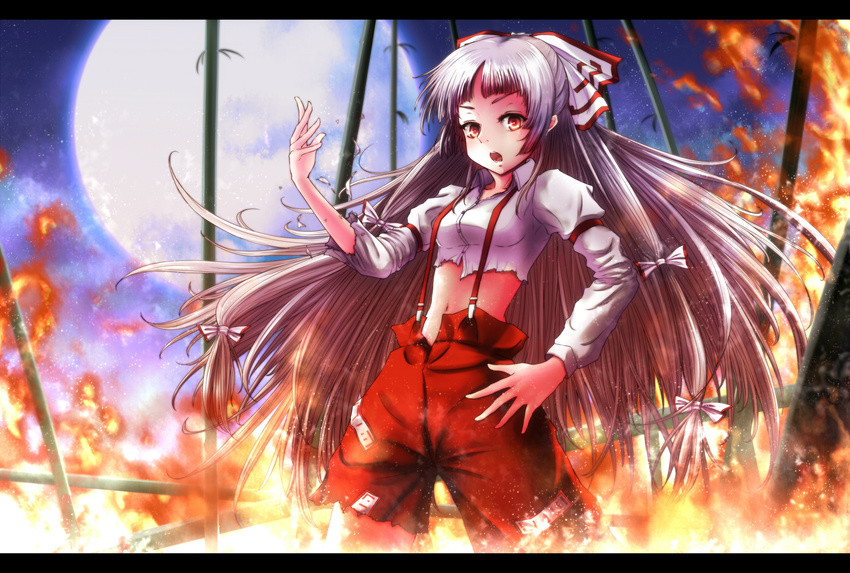 bamboo bamboo_forest bow fire forest fujiwara_no_mokou full_moon hair_bow hair_ribbon highres juliet_sleeves letterboxed long_hair long_sleeves looking_at_viewer midriff moon nature navel night nuka_(nvkka) open_fly open_mouth pants puffy_sleeves red_eyes ribbon shirt silver_hair sky solo suspenders torn_clothes torn_shirt touhou tress_ribbon unzipped very_long_hair