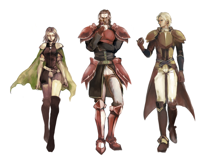 2boys armor beard belt blonde_hair boots brown_hair celina_(fire_emblem) closed_eyes duessel earrings elbow_gloves facial_hair fire_emblem fire_emblem:_seima_no_kouseki glen_(fire_emblem) gloves greaves grey_hair highres ikayara-knight jewelry multicolored_hair multiple_boys mustache pants pauldrons short_hair stroking_beard thigh_boots thighhighs two-tone_hair