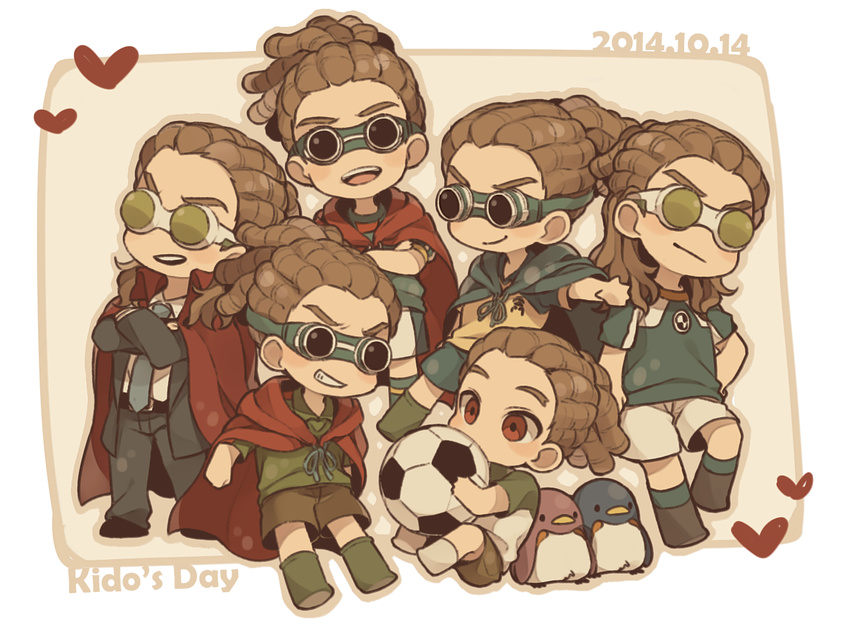 ball bird brown_hair cape dated formal goggles grin hairlocs heart inazuma_eleven inazuma_eleven_(series) inazuma_eleven_go inazuma_eleven_go_vs_danball_senki_w inazuma_japan inazuma_legend_japan kidou_yuuto male_focus multiple_boys multiple_persona necktie open_mouth penguin raimon raimon_soccer_uniform saku_anna smile soccer_ball soccer_uniform sportswear suit teikoku teikoku_soccer_uniform telstar