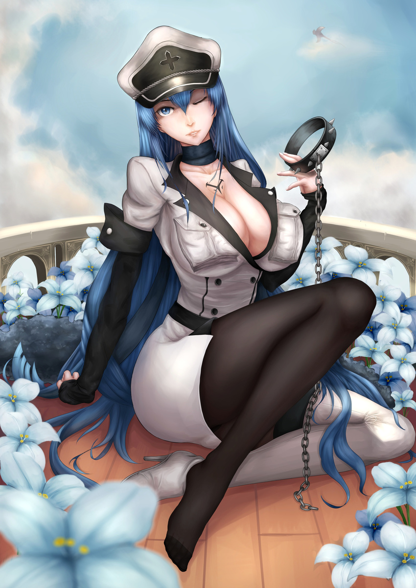 1girl absurdres akame_ga_kill! aqua_eyes aqua_hair blue_eyes blue_hair boots breasts chains choker cleavage cloud clouds collar esdeath esdese flower hat high_heel_boots high_heels highres large_breasts legs long_boots long_hair looking_at_viewer military military_uniform miniskirt one_eye_closed open_mouth pantyhose peaked_cap sitting skirt sky solo thigh_boots thighhighs thighs uniform very_long_hair white_legwear wink