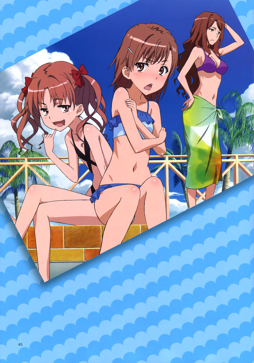 absurdres bikini breasts brown_eyes brown_hair cloud day dutch_angle flat_chest frills hair_ribbon highres long_hair magazine_scan midriff misaka_mikoto motomura_kouichi mugino_shizuri multiple_girls navel official_art outdoors pink_eyes poolside red_hair ribbon sarong scan shirai_kuroko short_hair sitting swimsuit to_aru_kagaku_no_railgun to_aru_majutsu_no_index triangle_mouth twintails