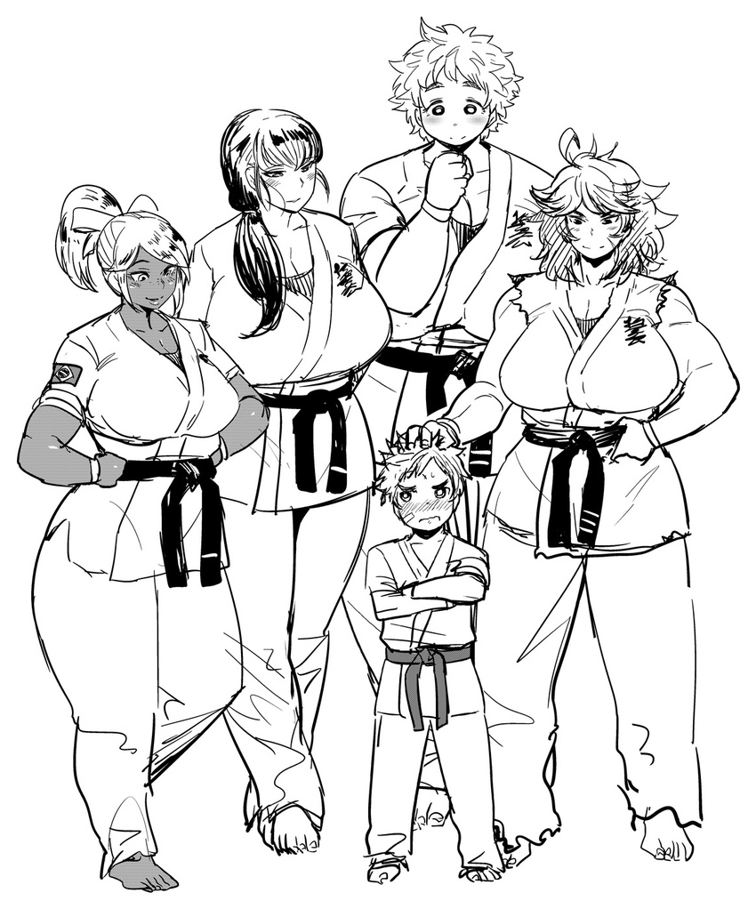 4girls age_difference barefoot belt blush brazilian_flag breasts commentary crossed_arms dark_skin dougi greyscale hair_ribbon hair_tousle hands_on_hips height_difference highres huge_breasts long_hair low_ponytail mature monochrome multiple_girls plump ponytail ribbon short_hair sketch smile sports_bra synecdoche