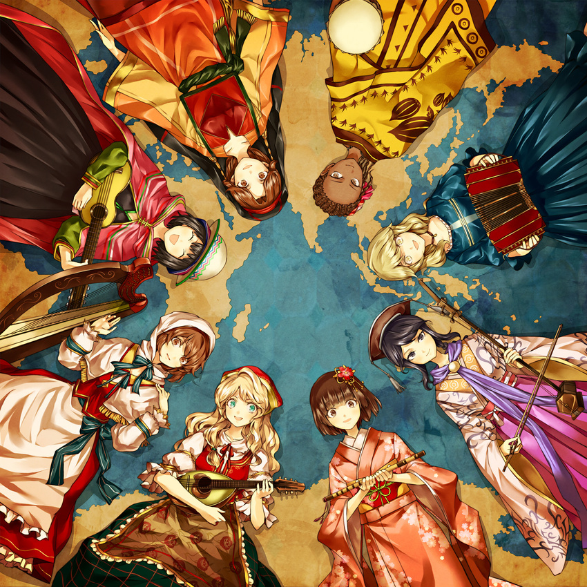 album_cover apron banned_artist black_dress black_hair blonde_hair blue_dress blue_eyes bow braid brown_eyes brown_hair cape capelet chinese_clothes circle_formation closed_eyes concertina cover dark_skin dress drum erhu flute hair_bow harp hat highres holding holding_instrument hood instrument japanese_clothes kimono kozou_(soumuden) long_sleeves looking_at_viewer lute_(instrument) mandolin map multiple_girls music obi open_mouth original playing_instrument puffy_short_sleeves puffy_sleeves purple_hair sash short_sleeves smile traditional_clothes ukulele waist_apron wide_sleeves yellow_eyes