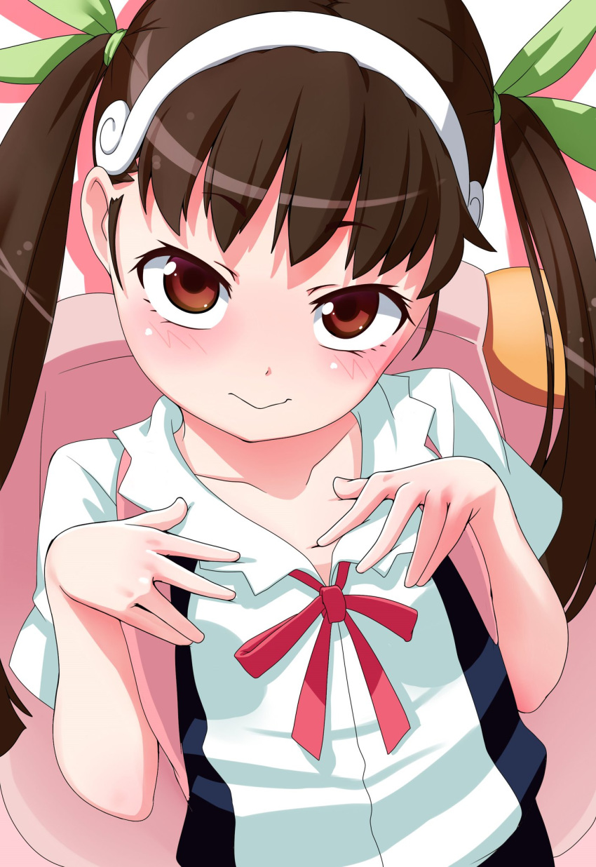 1girl backpack bag bakemonogatari blush child hachikuji_mayoi hair_ribbon hand_on_own_chest long_hair looking_at_viewer monogatari_(series) note2000 pigtails red_eyes ribbon school_uniform solo twintails