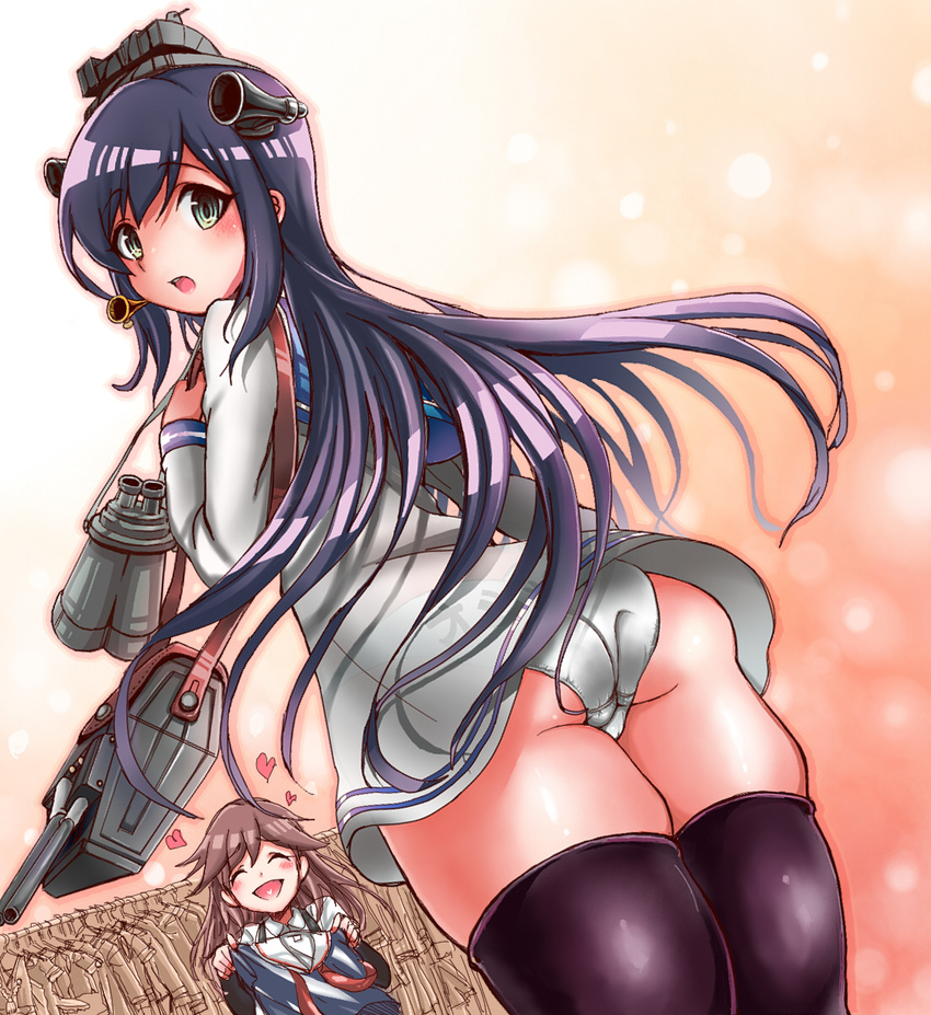 ^_^ arashio_(kantai_collection) asashio_(kantai_collection) ass binoculars black_legwear blush brown_hair closed_eyes cosplay cowboy_shot dress from_behind green_eyes headgear heart highres kantai_collection long_hair machinery multiple_girls open_mouth panties purple_hair richou_(zerozero1101) sailor_dress see-through thighhighs underwear very_long_hair white_panties yukikaze_(kantai_collection) yukikaze_(kantai_collection)_(cosplay)