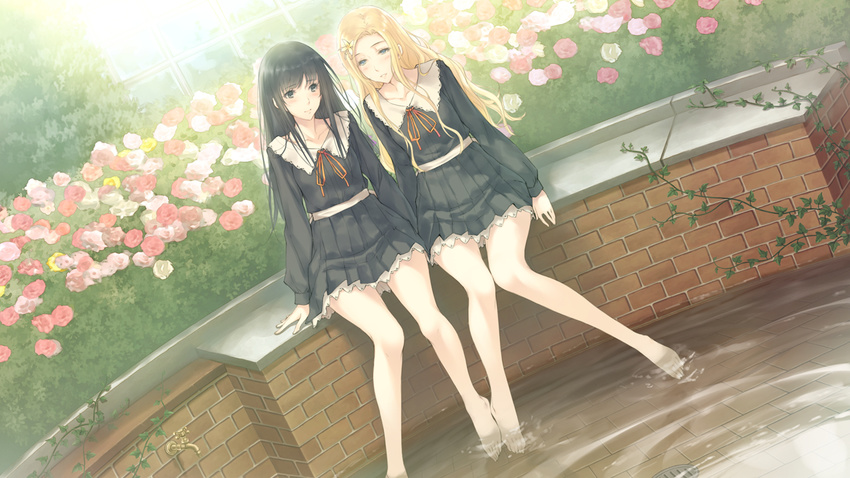 arms_at_sides bare_legs barefoot black_dress black_hair blonde_hair blush brick bush dress dutch_angle faucet flower flowers_(innocent_grey) game_cg garden hair_flower hair_ornament hairclip ivy knees_together_feet_apart komikado_nerine long_hair long_sleeves matching_outfit multiple_girls neck_ribbon official_art outdoors parted_lips pink_flower pink_rose plant pleated_dress pond puffy_long_sleeves puffy_sleeves ribbon rose rose_bush school_uniform shirahane_suou short_dress shy side-by-side sitting smile soaking_feet sugina_miki sunlight vines wallpaper water window yellow_flower yellow_rose