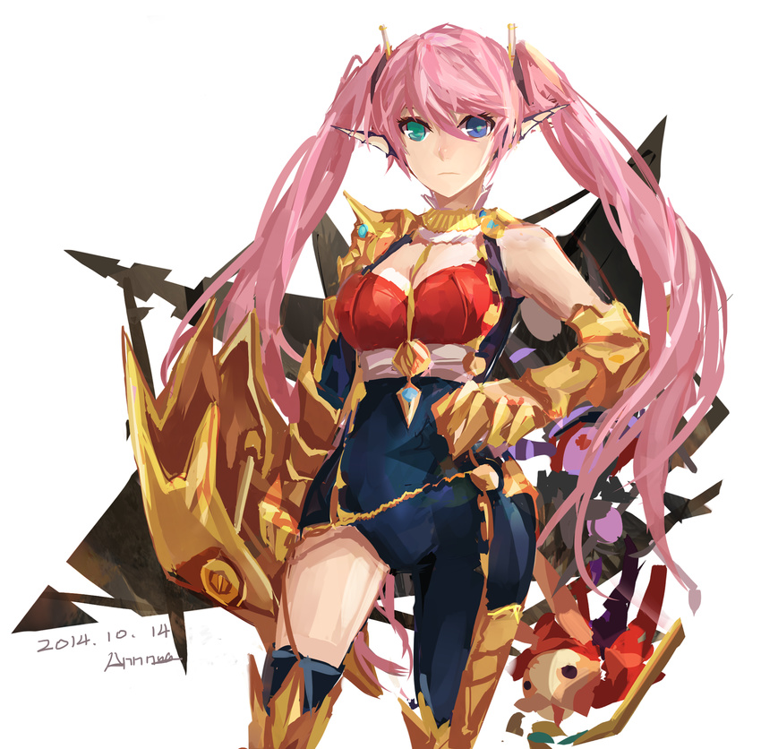 2014 asymmetrical_clothes blue_eyes chaos_(dungeon_and_fighter) choker dated dungeon_and_fighter expressionless gloves green_eyes heterochromia highres knight_(dungeon_and_fighter) long_hair naemperor pink_hair pointy_ears signature single_pantsleg single_thighhigh skin_tight solo thighhighs twintails white_background