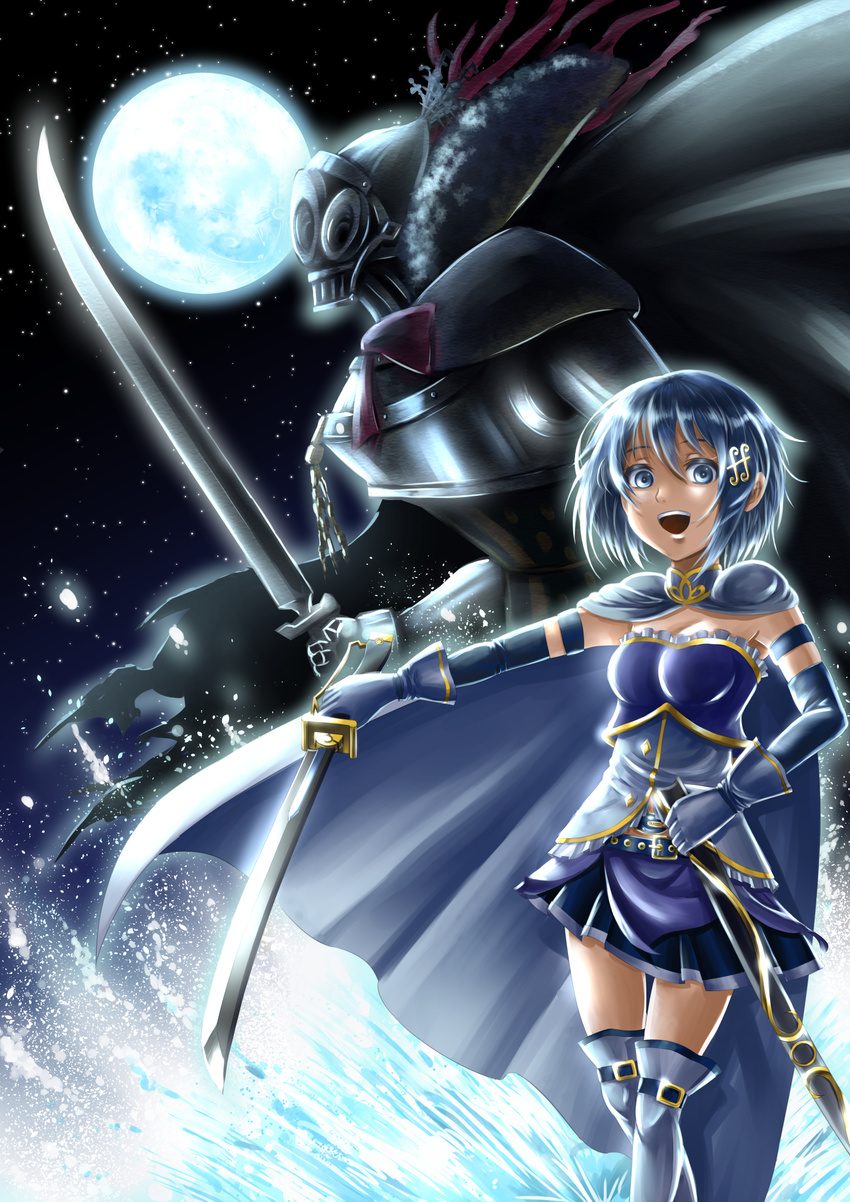 :d armband armor bad_id bad_pixiv_id belt blue_eyes blue_hair cape full_moon gloves hair_ornament hairclip highres magical_girl mahou_shoujo_madoka_magica mahou_shoujo_madoka_magica_movie miki_sayaka moon night oktavia_von_seckendorff open_mouth rintarou_hayashi scabbard sheath short_hair smile solo soul_gem spoilers sword thighhighs water weapon witch_(madoka_magica) zettai_ryouiki