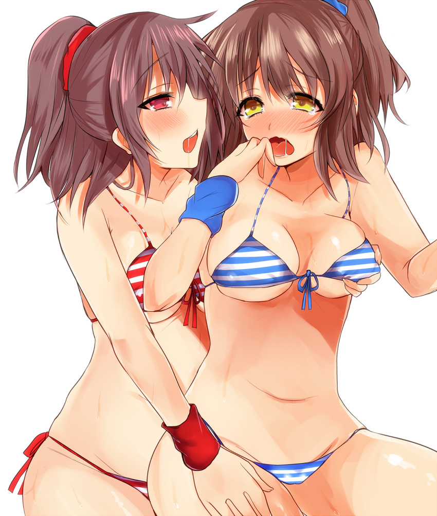 :o arle_nadja bad_id bad_pixiv_id bikini blush breast_grab breasts brown_hair doppelganger_arle eta_24 front-tie_bikini front-tie_top grabbing half_updo highres madou_monogatari medium_breasts multiple_girls puyopuyo red_eyes saliva short_hair striped striped_bikini swimsuit white_background wrist_cuffs yellow_eyes yuri