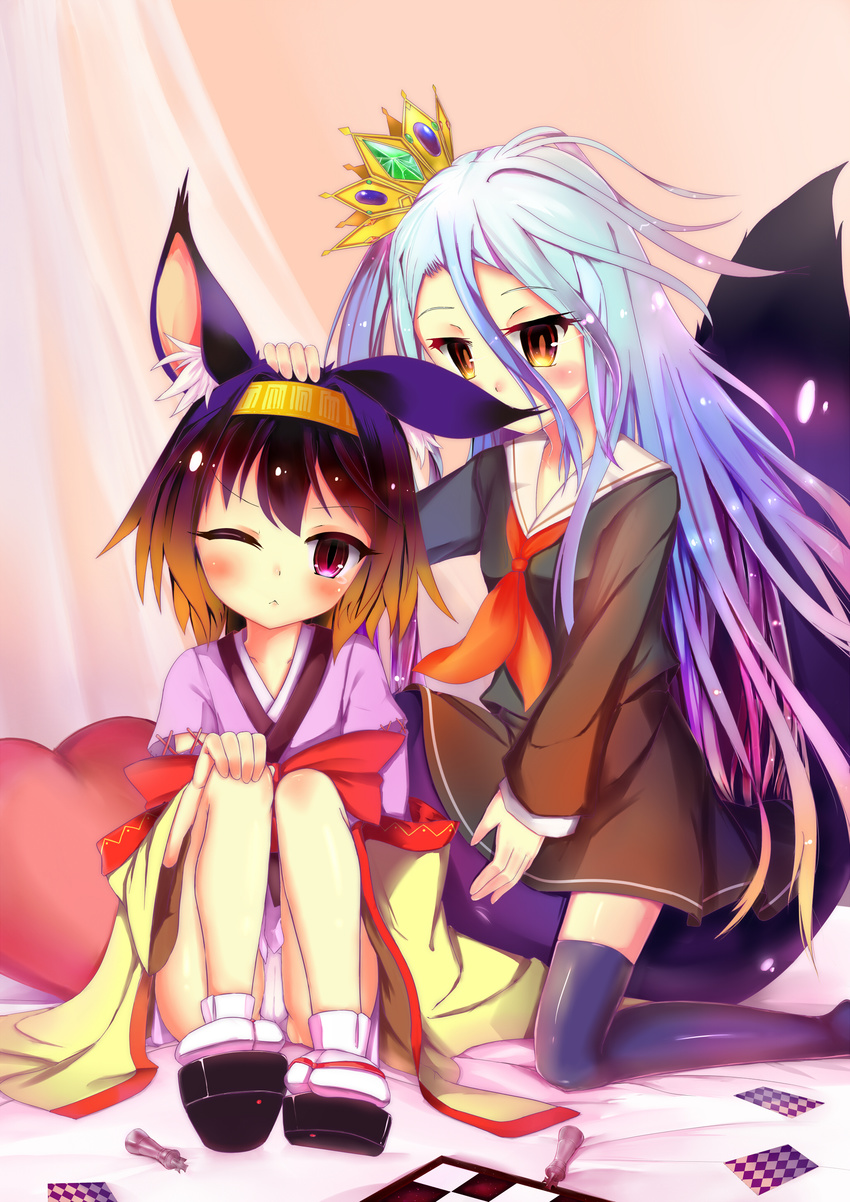 ;&lt; absurdres animal_ear_fluff animal_ears card chess_piece chessboard crown fox_ears fox_tail gradient_hair hand_on_another's_head hatsuse_izuna headband highres insanity japanese_clothes kimono long_hair multicolored_hair multiple_girls no_game_no_life panties pantyshot pantyshot_(sitting) pillow pink_hair playing_card purple_eyes sandals school_uniform serafuku shiro_(no_game_no_life) short_hair short_kimono silver_hair sitting sitting_on_another's_tail slit_pupils tabi tail thighhighs underwear very_long_hair yellow_eyes zettai_ryouiki