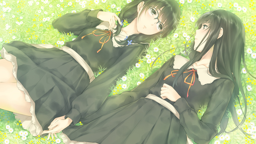 bangs black_eyes black_hair braid daisy dress eye_contact field flower flower_field flowers_(innocent_grey) game_cg glasses grass green_dress hair_flower hair_grab hair_ornament hanabishi_rikka hand_on_own_stomach holding_hands long_hair long_sleeves looking_at_another lying multiple_girls official_art on_back parted_lips pleated_dress puffy_long_sleeves puffy_sleeves ribbon school_uniform shirahane_suou short_dress short_hair sugina_miki twin_braids wallpaper yuri