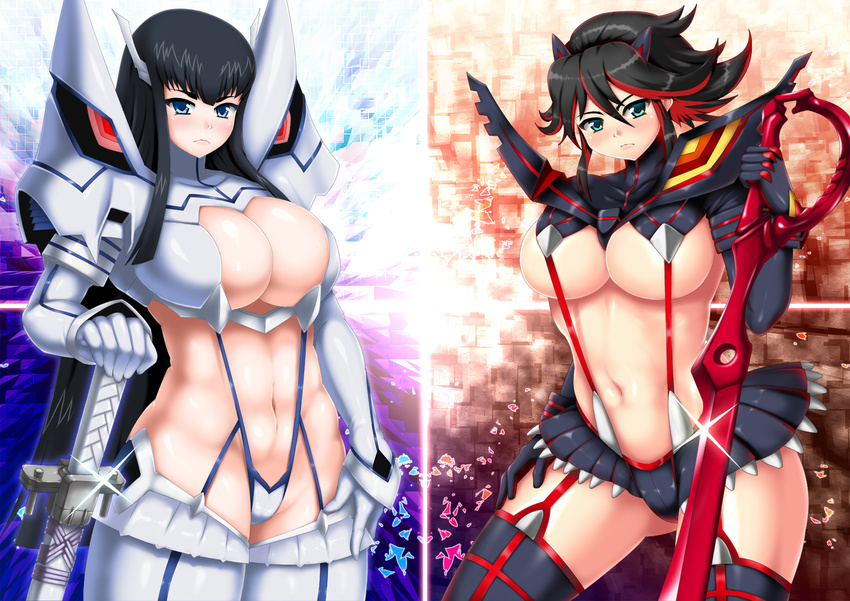 black_hair blue_eyes blush boots breasts cleavage cleavage_cutout collage eyebrows hair_ornament hairclip hairpods hand_on_hip highres huge_breasts junketsu keiryu kill_la_kill kiryuuin_satsuki large_breasts long_hair matoi_ryuuko microskirt midriff multicolored_hair multiple_girls navel planted_sword planted_weapon plump red_eyes revealing_clothes scissor_blade senketsu short_hair skirt suspenders sword thick_eyebrows thick_thighs thigh_boots thighhighs thighs two-tone_hair weapon