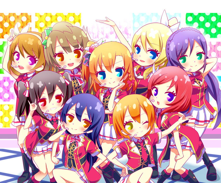 \m/ aikatsu! aikatsu!_(series) aqua_eyes arm_behind_head arm_up ayase_eli bad_id bad_pixiv_id black_hair blonde_hair blue_eyes blue_hair bokura_no_live_kimi_to_no_life boots braid brown_hair grin hair_ornament hair_ribbon hand_on_hip headset hoshizora_rin koizumi_hanayo kousaka_honoka long_hair looking_at_viewer love_live! love_live!_school_idol_project minami_kotori multiple_girls nishikino_maki one_eye_closed one_side_up open_mouth orange_hair outstretched_arm pink_eyes pointing pointing_up ponytail purple_eyes red_hair ribbon shinekalta short_hair single_braid skirt smile smirk sonoda_umi toujou_nozomi twin_braids yazawa_nico yellow_eyes