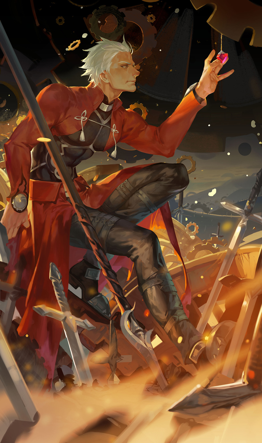 abs archer black_pants dark_skin dark_skinned_male fate/stay_night fate_(series) field_of_blades gears highres hunsay jacket jewelry male_focus necklace pants planted_sword planted_weapon polearm profile red_jacket sand sitting solo spear sword unlimited_blade_works weapon white_hair