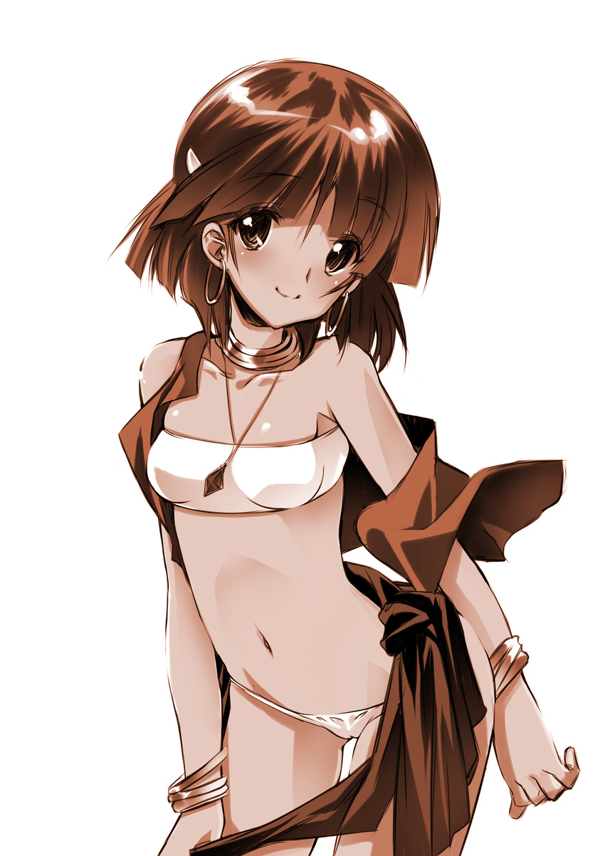 bandeau bangs blush bracelet breasts cameltoe choker cowboy_shot earrings fushigi_no_umi_no_nadia highres hoop_earrings jewelry looking_at_viewer nadia navel off_shoulder panties pendant senomoto_hisashi shiny shiny_skin short_hair skindentation small_breasts smile solo underwear undressing white_panties