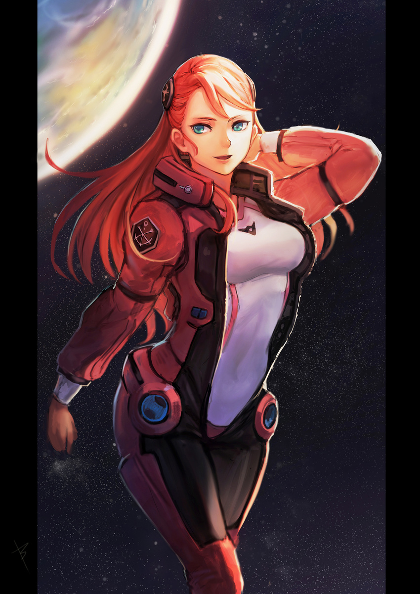 aida_rayhunton blue_eyes bodysuit breasts bryanth gundam gundam_g_no_reconguista hair_ornament hand_in_hair highres long_hair long_sleeves looking_at_viewer medium_breasts open_mouth pillarboxed planet pose red_hair smile solo space uniform unzipped