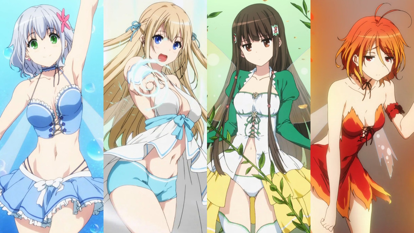 amagi_brilliant_park antenna_hair artist_request bad_id bad_yandere_id bow breasts brown_eyes brown_hair groin hair_bow highres jitome koborii_(amaburi) long_hair medium_breasts midriff multiple_girls muse_(amaburi) navel open_mouth salama_(amaburi) small_breasts sylphy_(amaburi) thighhighs white_legwear