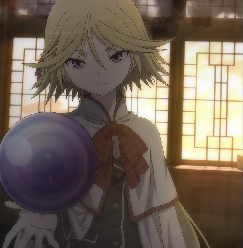 1girl blonde_hair magic_ball purple_eyes school_uniform screencap short_hair trinity_seven yamana_mira