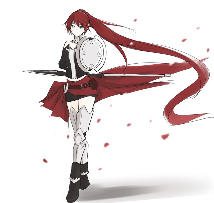 aaaabo absurdly_long_hair armor full_body green_eyes highres leg_armor long_hair milo_and_akouo pyrrha_nikos red_hair rwby shield solo very_long_hair weapon