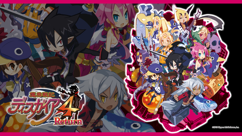 5girls akutare_(disgaea) black_hair black_legwear blue_eyes blue_hat bow braid bright_pupils brown_eyes brown_hair choker closed_eyes copyright_name desco_(disgaea) disgaea emizel_(disgaea) facial_mark fenrich_(disgaea) fingerless_gloves fish flonne forehead_mark glasses gloves grey_hair guitar hair_bow hair_tubes harada_takehito hat highres holding holding_scythe hood instrument jacket kazamatsuri_fuuka long_hair makai_senki_disgaea_4 monster_girl multiple_boys multiple_girls nagi_clockwork official_art orange_eyes pants pink_hair pointy_ears prinny purple_hair red_eyes round_eyewear scythe shoes side_ponytail sidelocks skirt smile tail tan thighhighs treasure_chest twintails valvatorez_(disgaea) vulcanus_(disgaea_4) wallpaper wand white_legwear wrench wrist_cuffs yellow_eyes zoom_layer