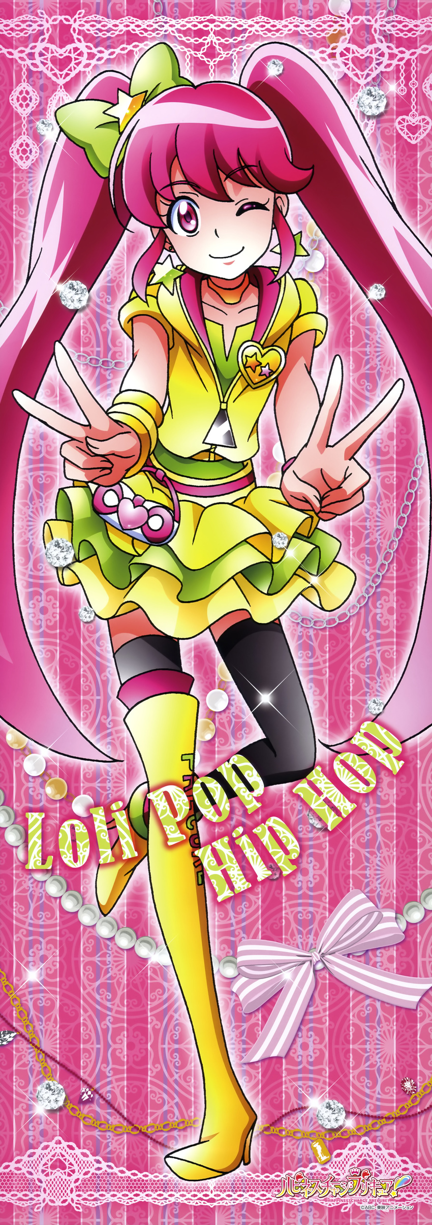 absurdres aino_megumi alternate_form asymmetrical_legwear bow cure_lovely double_v earrings frills hair_bow hand_on_hip happinesscharge_precure! highres jacket jewelry lollipop_hip_hop long_hair mismatched_footwear multiple_girls official_art one_eye_closed pink_eyes pink_hair precure satou_masayuki skirt thighhighs twintails v wrist_cuffs