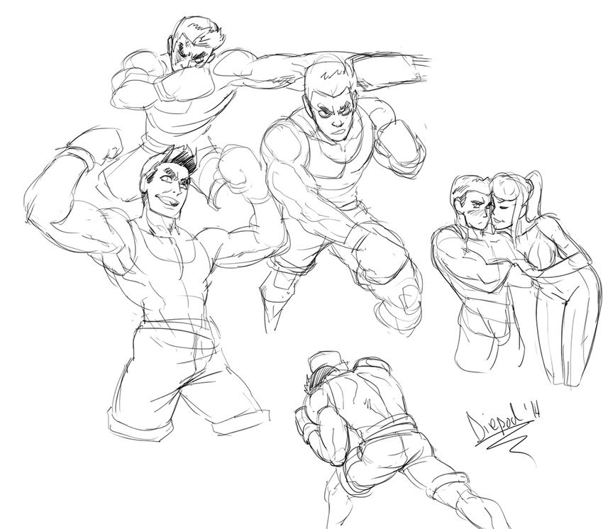 1girl blush boxing_gloves collage diepod eyebrows greyscale height_difference little_mac md5_mismatch metroid monochrome muscle punch-out!! punching samus_aran sketch super_smash_bros. thick_eyebrows