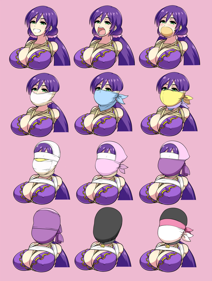 absurdres arms_behind_back bdsm blindfold blush_stickers bondage bound breast_bondage breasts cleavage cloth_gag covered_nipples face_mask gag gagged green_eyes grin highres huge_breasts improvised_gag jam-orbital large_breasts long_hair looking_at_viewer love_live! love_live!_school_idol_project low_twintails mask multiple_views open_mouth over_the_nose_gag pink_background pink_blindfold pink_scrunchie progression purple_blindfold purple_hair rope scrunchie smile tape tape_gag too_many toujou_nozomi twintails variations white_blindfold