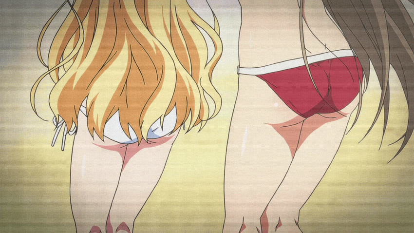 2girls amagi_brilliant_park animated animated_gif ass bikini blonde_hair brown_hair dancing hips latifa_fleuranza long_hair multiple_girls o-ring_bottom recording red_bikini sento_isuzu side-tie_bikini swimsuit white_bikini white_swimsuit