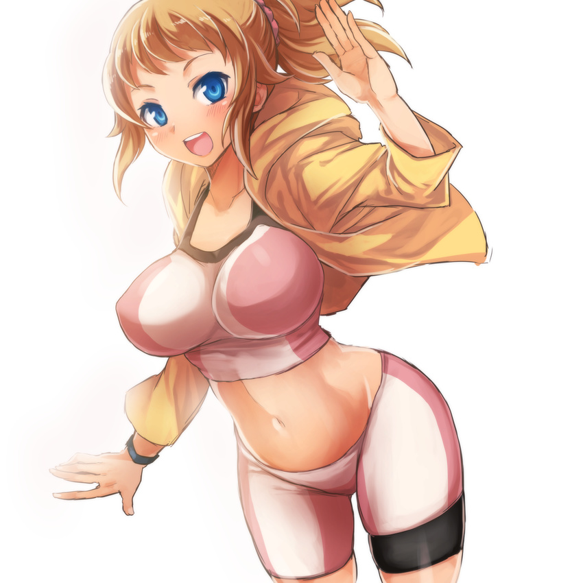 absurdres bike_shorts blue_eyes blush breasts brown_hair gundam gundam_build_fighters gundam_build_fighters_try highres hoshino_fumina jacket large_breasts looking_at_viewer md5_mismatch midriff navel open_mouth oshiruko_(tsume) ponytail short_hair smile solo sports_bra