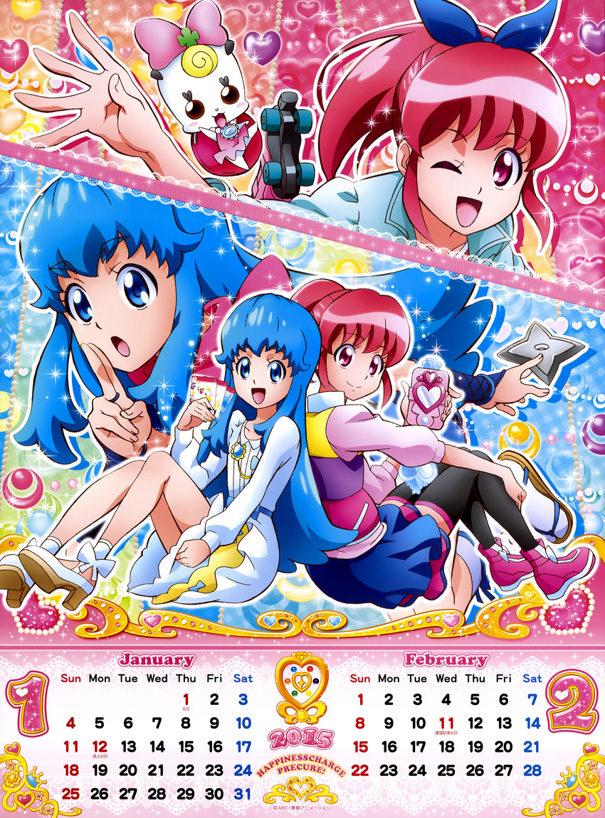4girls absurdres aino_megumi back-to-back black_legwear blue_eyes blue_hair bow calendar_(medium) copyright_name creature dual_persona february happinesscharge_precure! highres january long_hair multiple_girls official_art one_eye_closed pink_bow pink_eyes pink_hair ponytail precure ribbon_(happinesscharge_precure!) satou_masayuki shirayuki_hime shirt shoes short_hair sidelocks sitting skirt smile thighhighs
