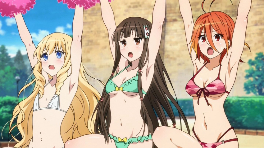 3girls amagi_brilliant_park bikini blonde_hair blue_eyes breasts brown_eyes cleavage dancing flat_chest gradient_hair koborii_(amaburi) latifa_fleuranza long_hair medium_breasts multicolored_hair multiple_girls pom_poms red_eyes red_hair salama_(amaburi) short_hair small_breasts swimsuit two-tone_hair