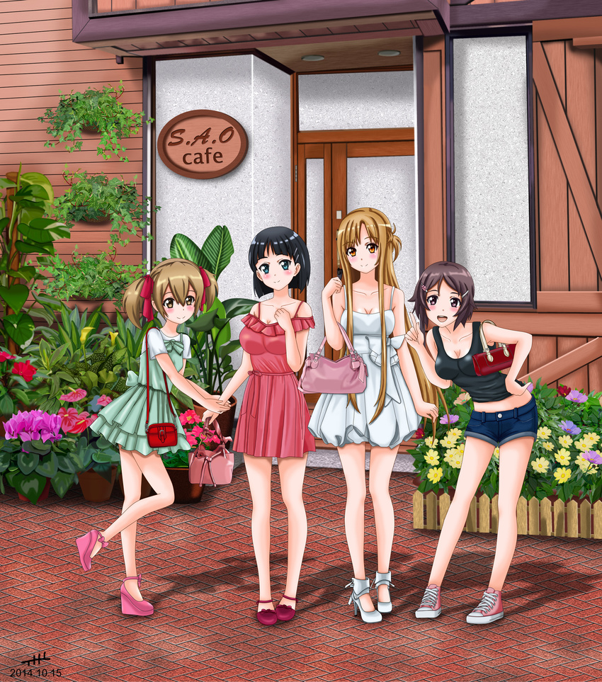 4girls asuna_(sao) bag black_hair brown_eyes brown_hair casual dated denim denim_shorts dress green_eyes handbag highres kirigaya_suguha lisbeth long_hair long_legs multiple_girls nihility red_eyes scenery short_hair shorts silica smile sword_art_online