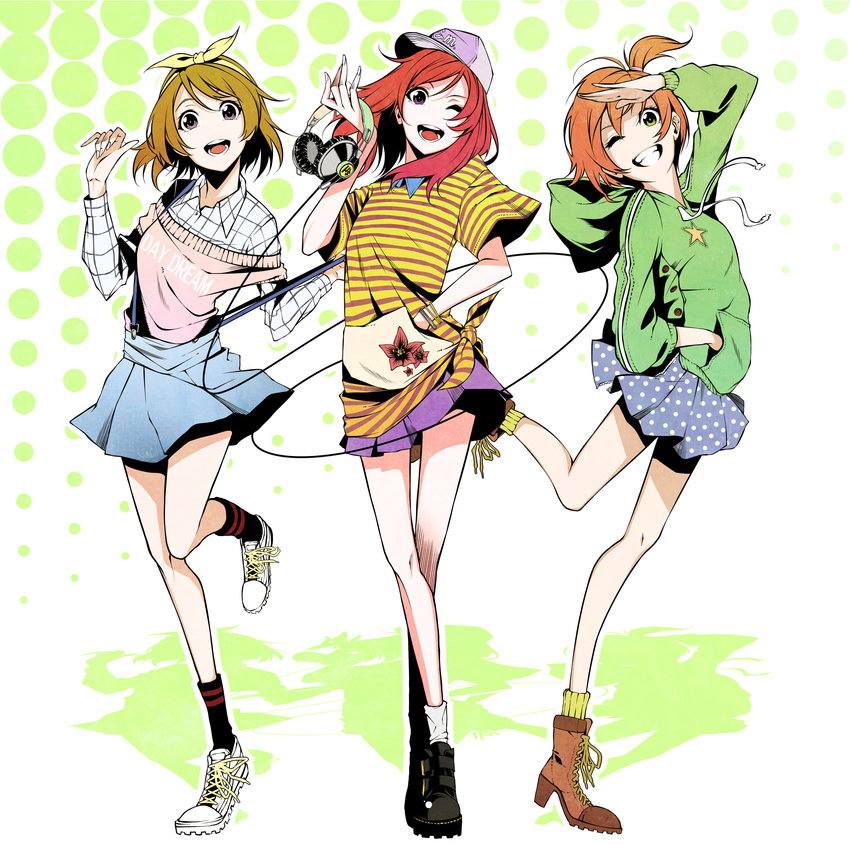 :d ;d absurdres baseball_cap boots bow bracelet brown_hair clothes_writing collared_shirt full_body grin hair_bow hairband halftone halftone_background hand_in_pocket hat headphones high_heel_boots high_heels highres hood hoodie hoshizora_rin jewelry koizumi_hanayo long_sleeves looking_at_viewer love_live! love_live!_school_idol_project multiple_girls nishikino_maki off_shoulder one_eye_closed open_mouth orange_hair polka_dot_skirt red_hair salute shirt shoes short_hair short_sleeves side_ponytail skirt smile socks standing standing_on_one_leg striped striped_shirt vice_(kuronekohadokoheiku)