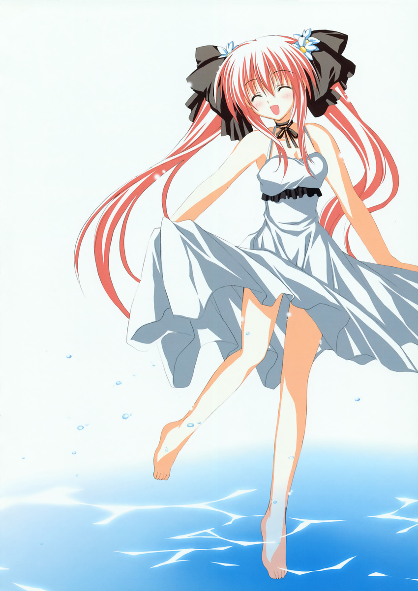 :d ^_^ absurdres barefoot closed_eyes dress hair_ribbon highres korie_riko neck_ribbon open_mouth original pink_hair ribbon scan skirt_hold smile solo twintails water white_dress