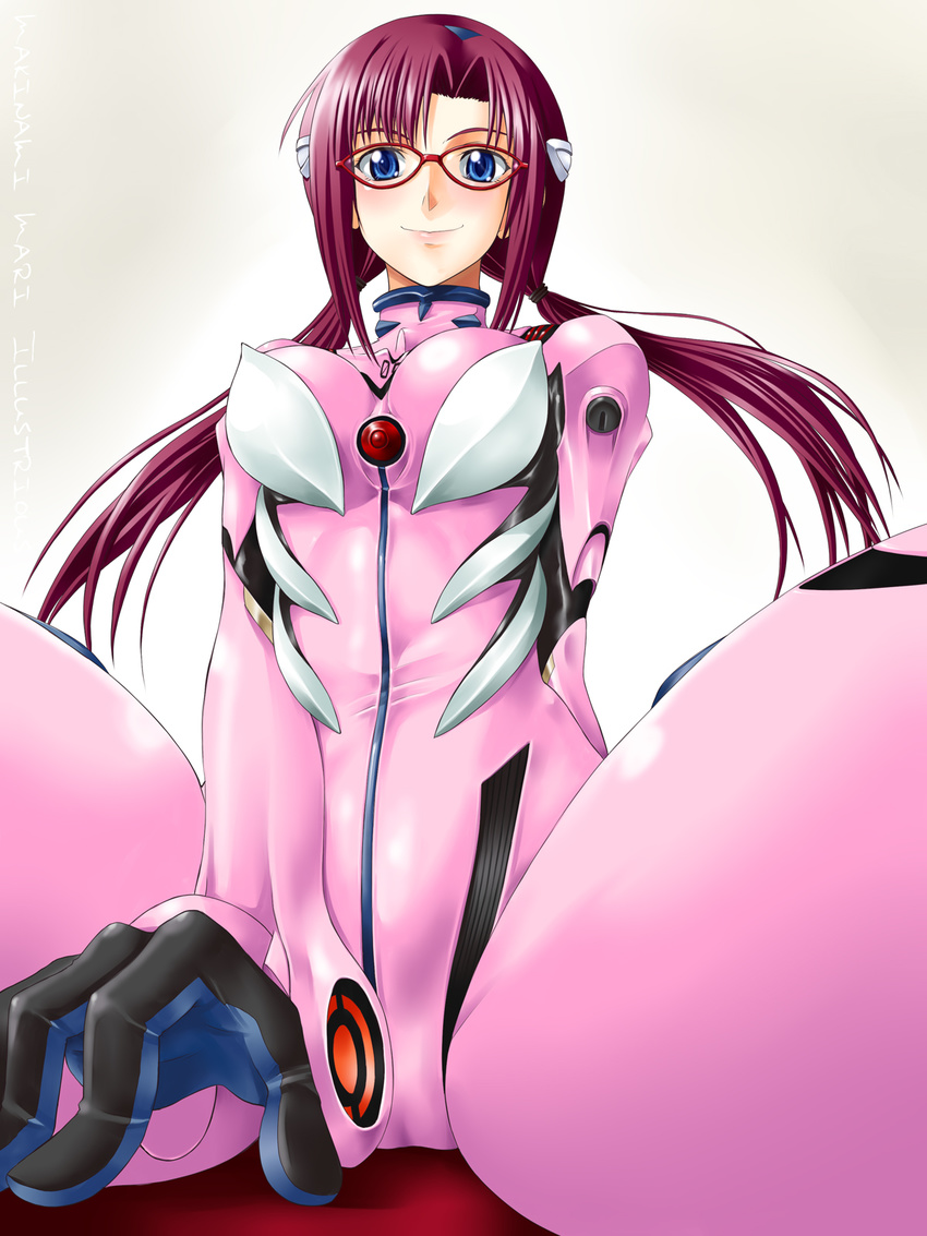 blue_eyes bodysuit glasses highres makinami_mari_illustrious neon_genesis_evangelion pink_bodysuit plugsuit rebuild_of_evangelion smile solo twintails yaso_shigeru