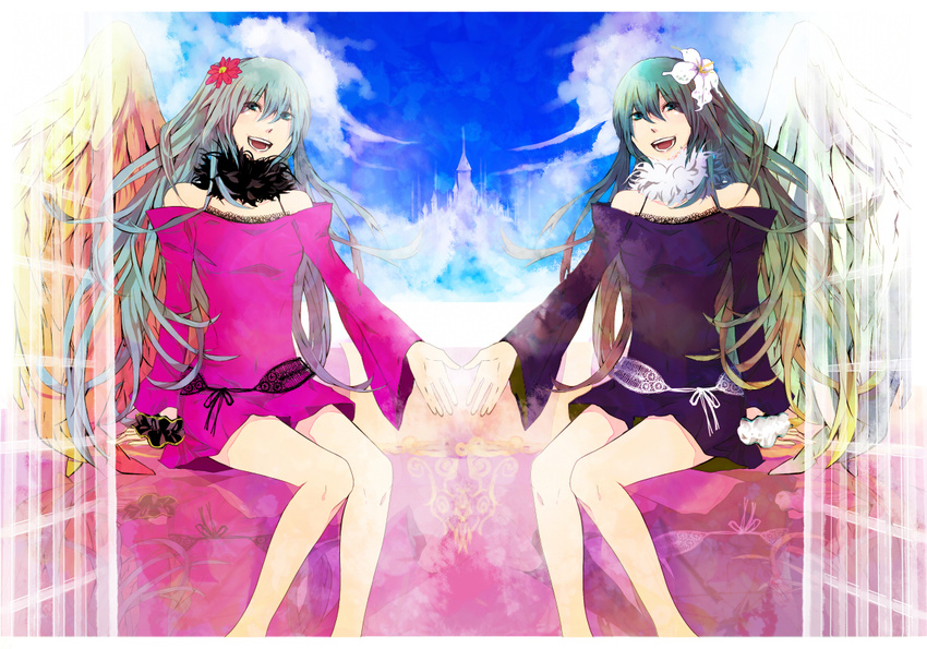 alternate_hairstyle angel_wings aqua_eyes aqua_hair castle clone day flower hashimochi hatsune_miku legs long_hair sitting sky smile symmetry thighs vocaloid wings