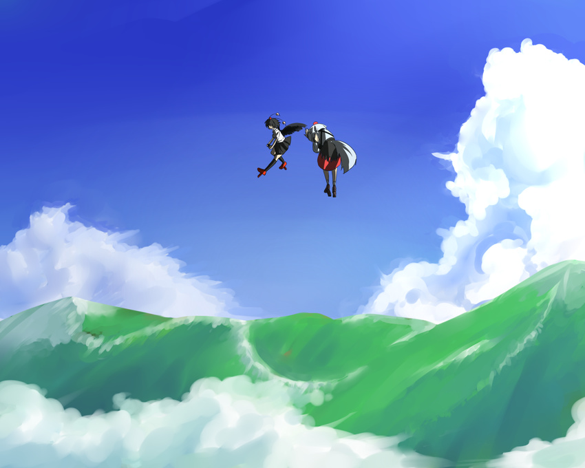 cloud day flying geta inubashiri_momiji multiple_girls omaehadareda-uso scenery shameimaru_aya sky tengu-geta touhou