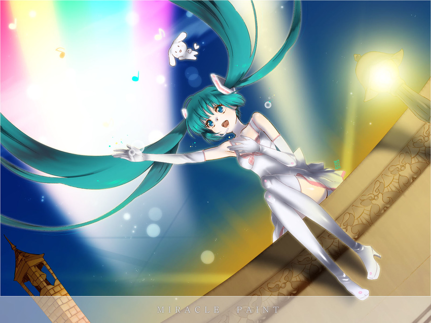 aqua_hair bad_id bad_pixiv_id blue_eyes cinnamoroll dress elbow_gloves gloves hatsune_miku headset highres lamp long_hair miracle_paint_(vocaloid) music musical_note platform_footwear platform_heels rainbow sanrio short_dress singing smile solo spotlight tower twintails very_long_hair vocaloid white_gloves yukimitsuki