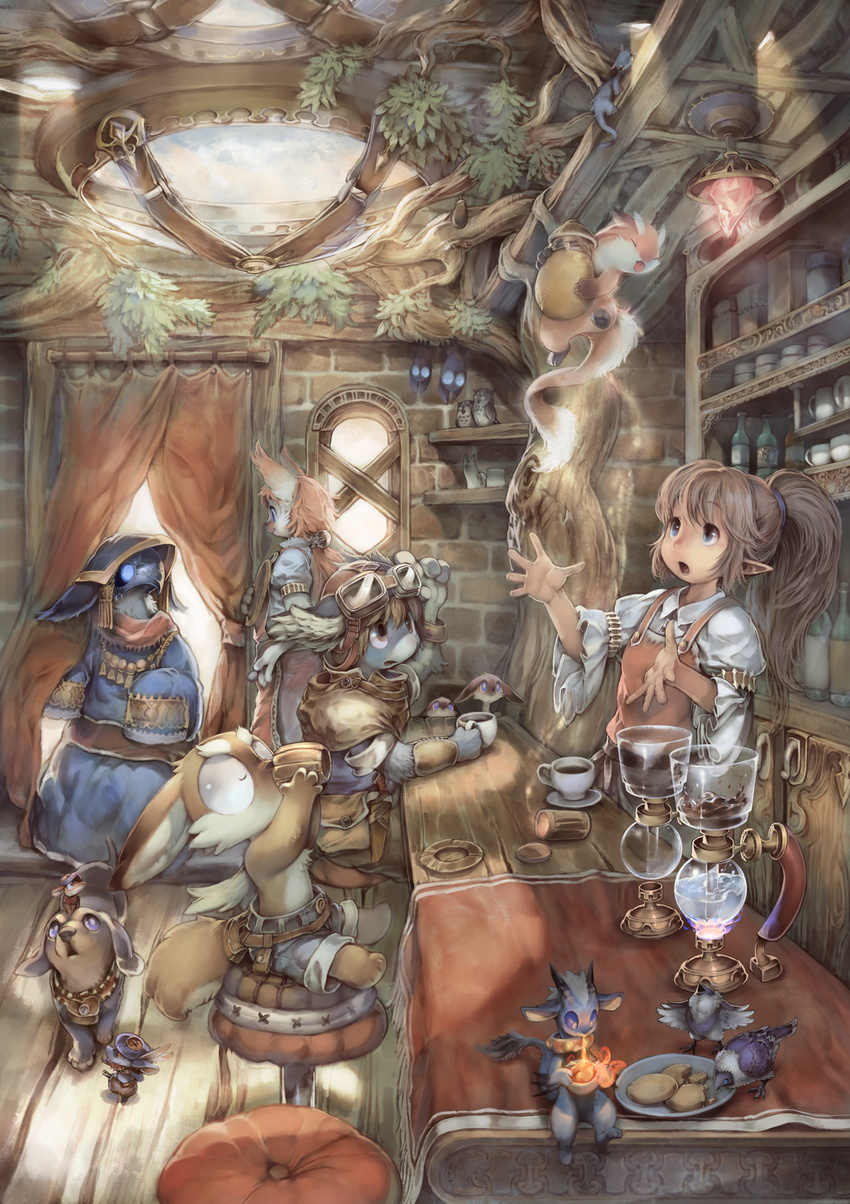 2girls animal bar_stool bird cat chair cookie copyright_request cup dog drink drinking eating fantasy ferret food furry glass goggles highres leaf magic mask mouse multiple_boys multiple_girls murayama_ryouta owl pink_hair pointy_ears ponytail shop stool sunlight surprised tree window